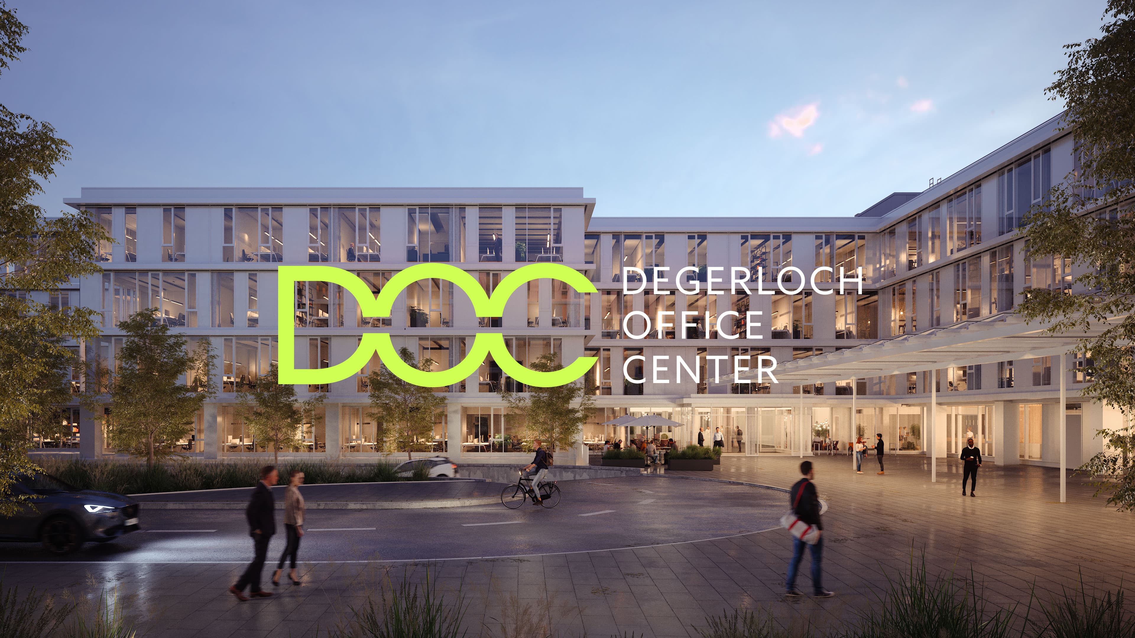 Eine Visualisierung des Degerloch Office Centers bei abendlicher Stimmung mit Projektlogo im Vordergrund