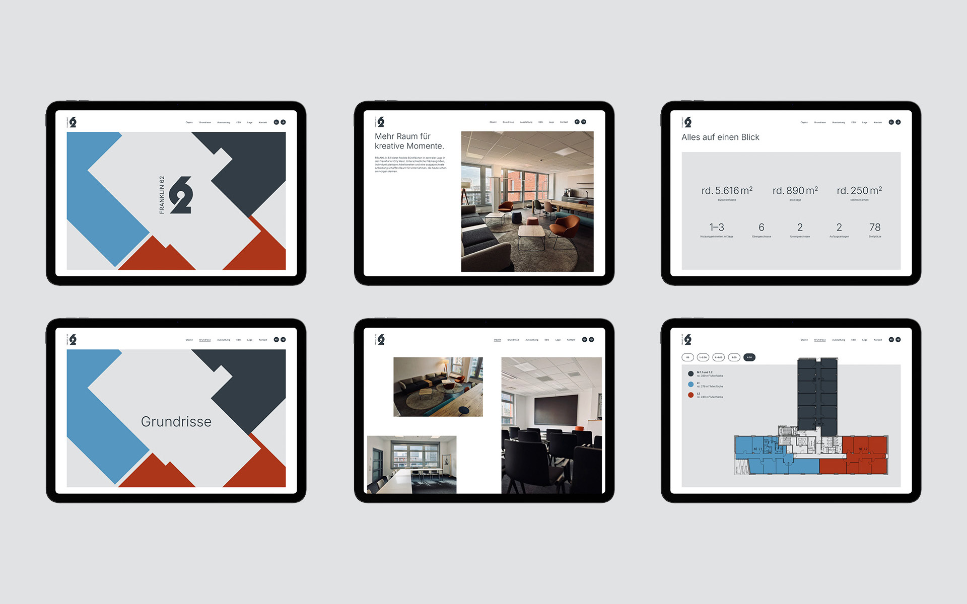Gezeigt werden 6 Beispiel-iPad-Seiten von dem digitalen Exposé vom Bürogebäude Franklin 62.